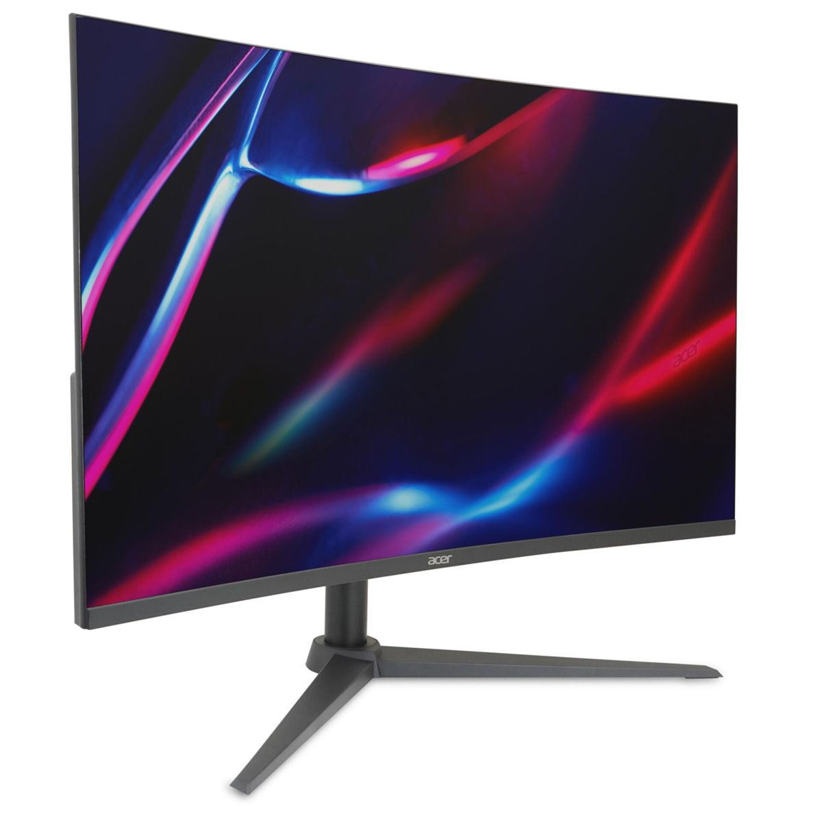 Ein schwarzer Acer-Monitor mit schlankem Standfuß zeigt ein abstraktes rot-blaues Hintergrundbild auf weißem Grund.