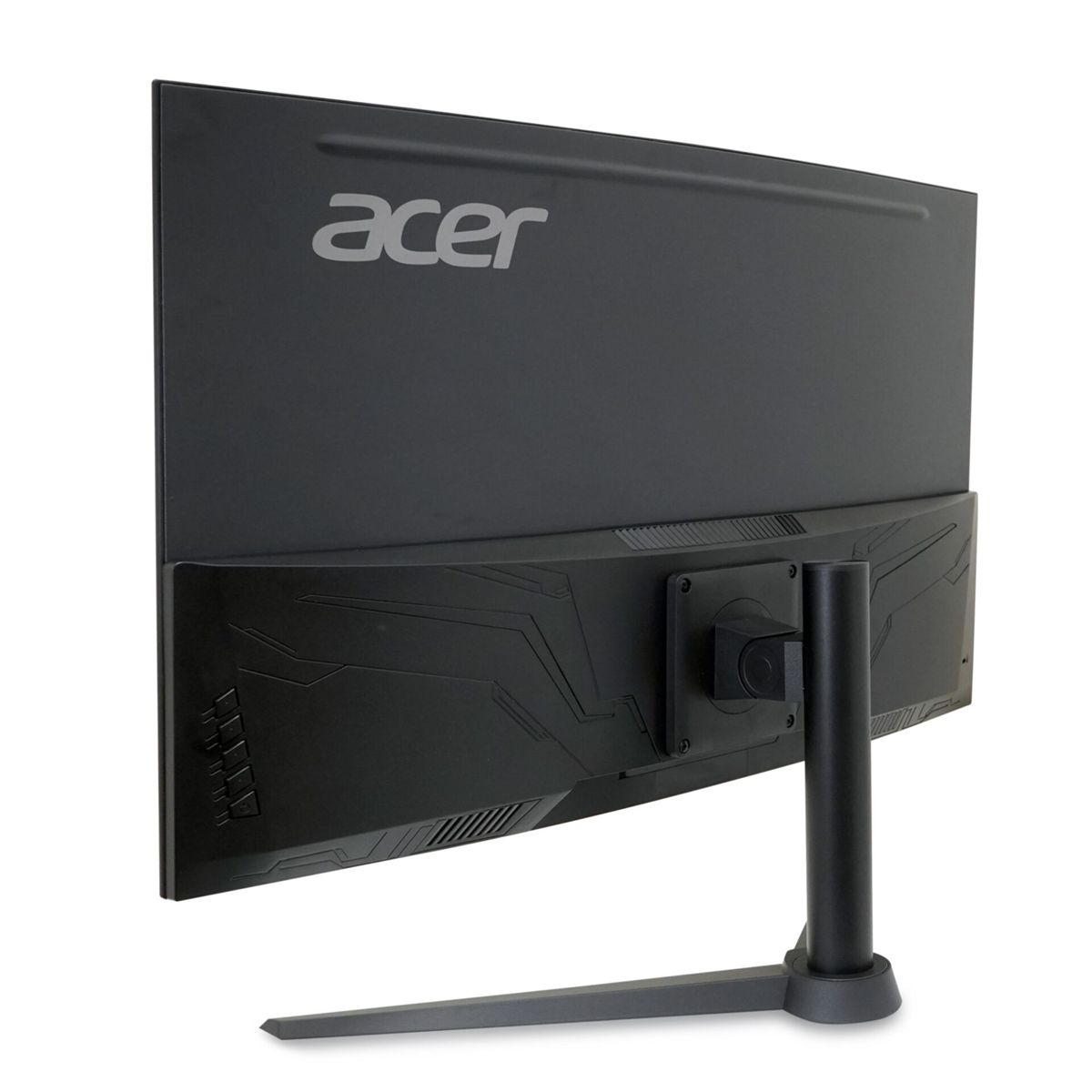 Rückseite eines schwarzen Acer-Monitors mit Standfuß auf weißem Hintergrund.