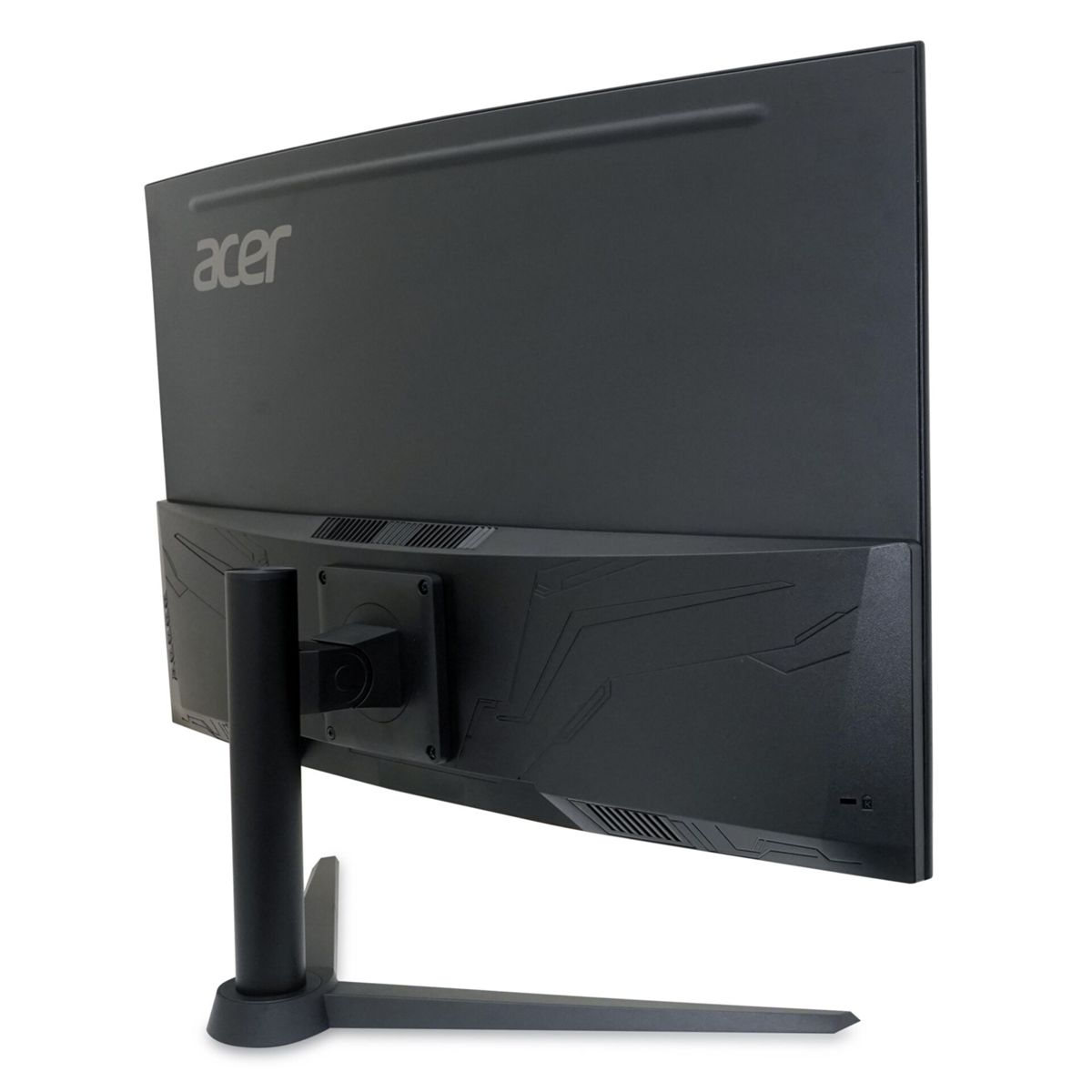 Rückseite eines schwarzen Acer-Monitors mit Standfuß auf weißem Hintergrund.