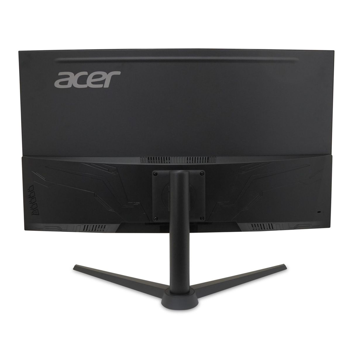 Die Rückseite eines schwarzen Acer-Monitors mit V-förmigem Standfuß vor weißem Hintergrund.
