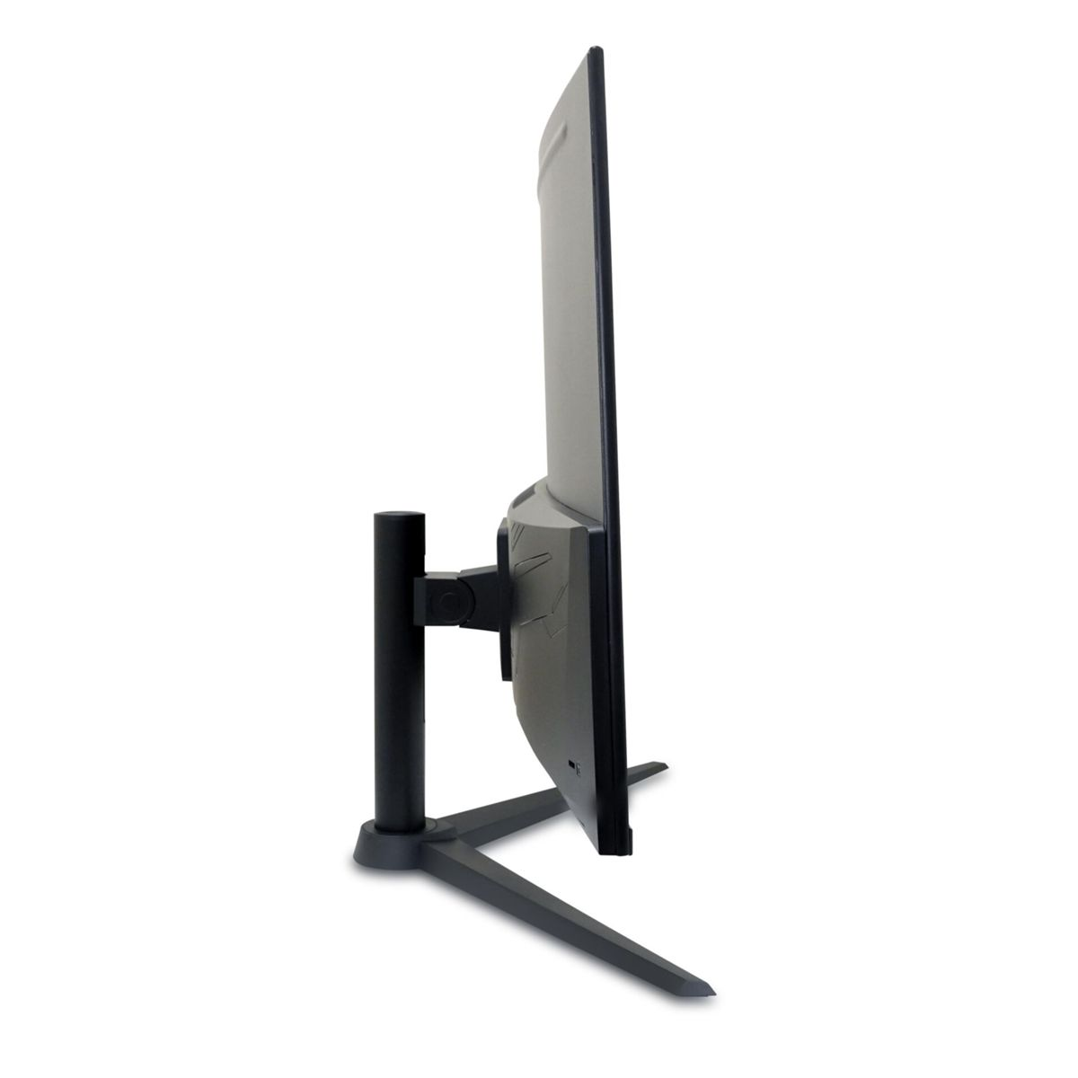 Seitenansicht eines gebogenen schwarzen Computermonitors auf einem Standfuß mit V-förmigen Beinen vor weißem Hintergrund.