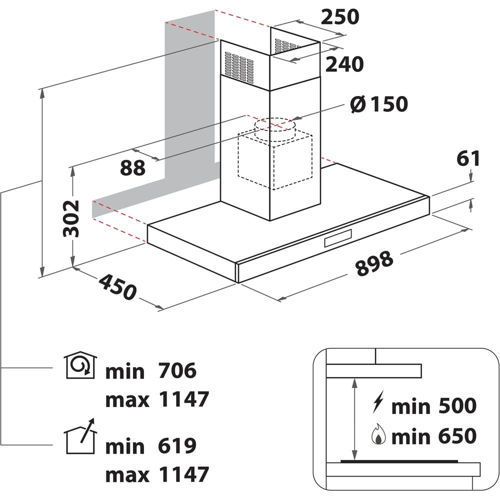 Technical drawing of a cooker hood with dimension measurements in millimeters for installation.