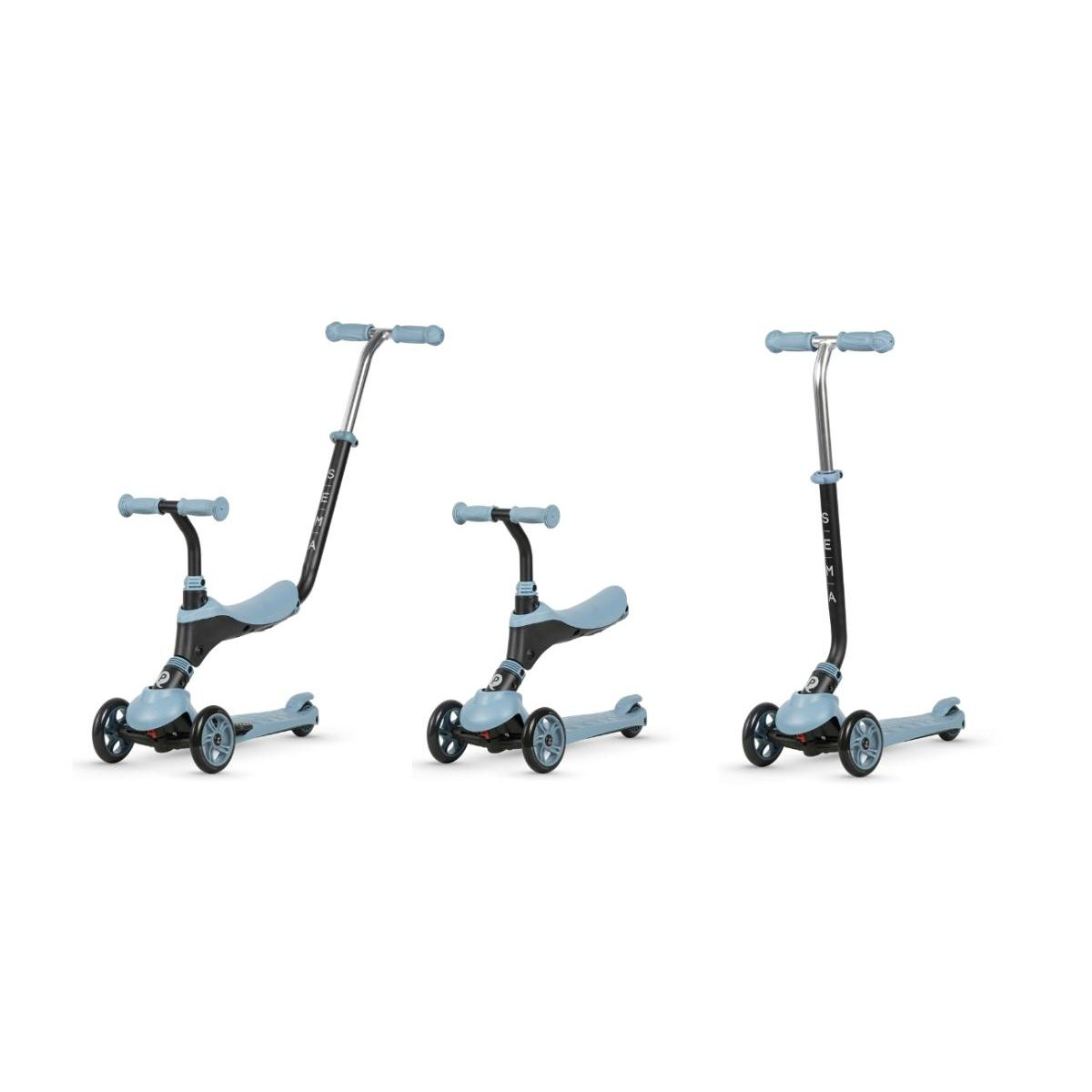 Drei blaue und schwarze Kinderroller, konfigurierbar als Laufrad oder Roller, auf weißem Hintergrund.