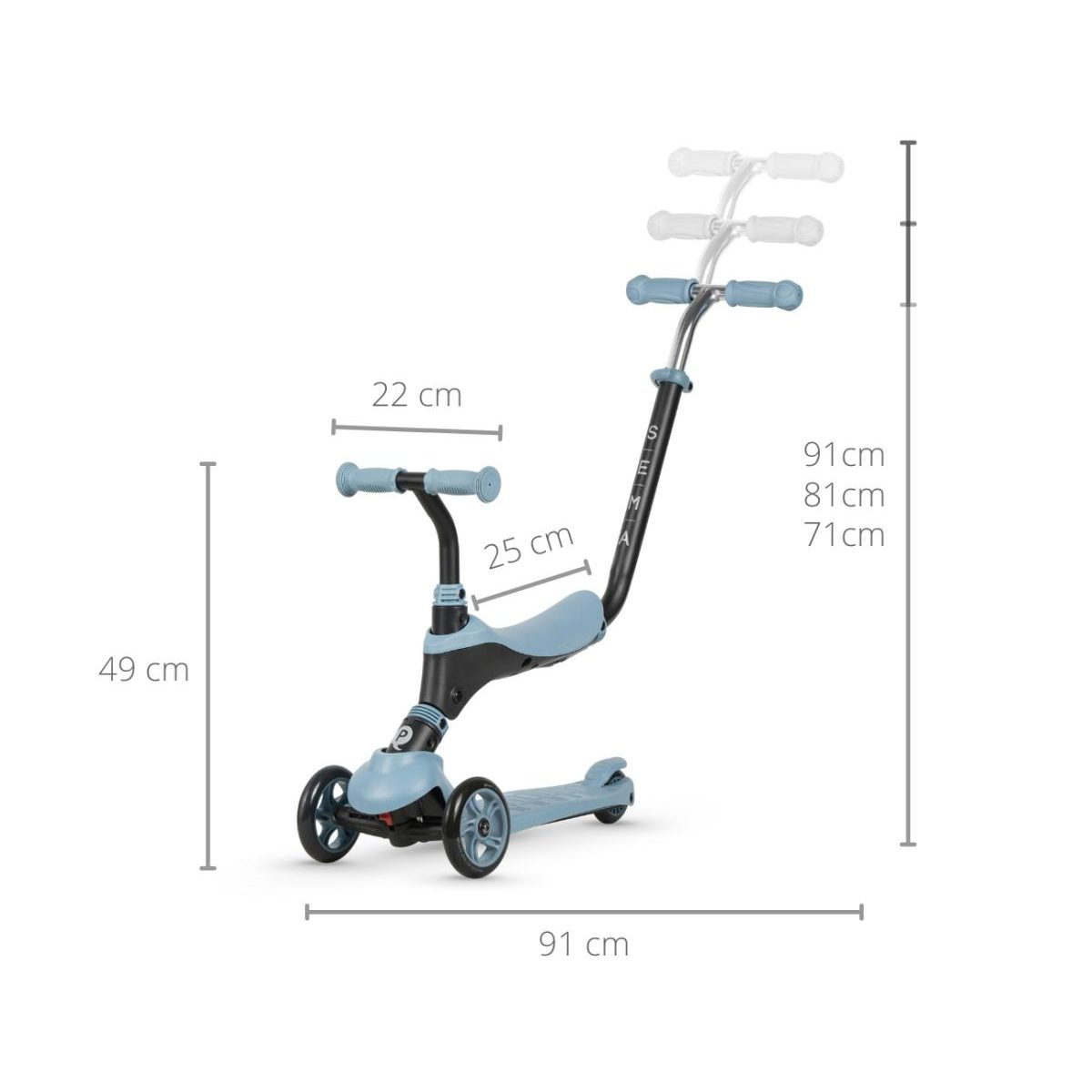Ein blauer Kinderroller mit Sitz und verstellbarer Lenkerhöhe auf weißem Grund.