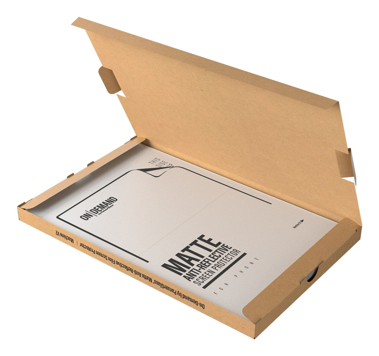 Eine offene braune Pappschachtel zeigt eine matte, entspiegelte Displayschutzverpackung im Inneren.