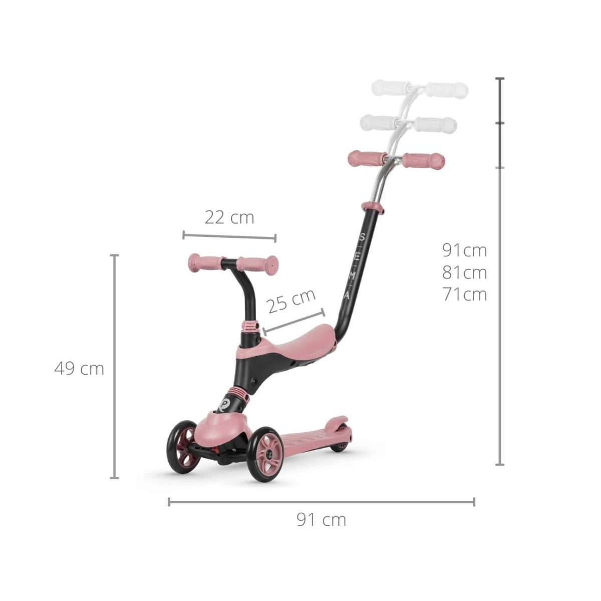 Rosa-schwarzer 3-in-1-Kinderroller mit Maßangaben für Höhe, Länge und Griffabstand.