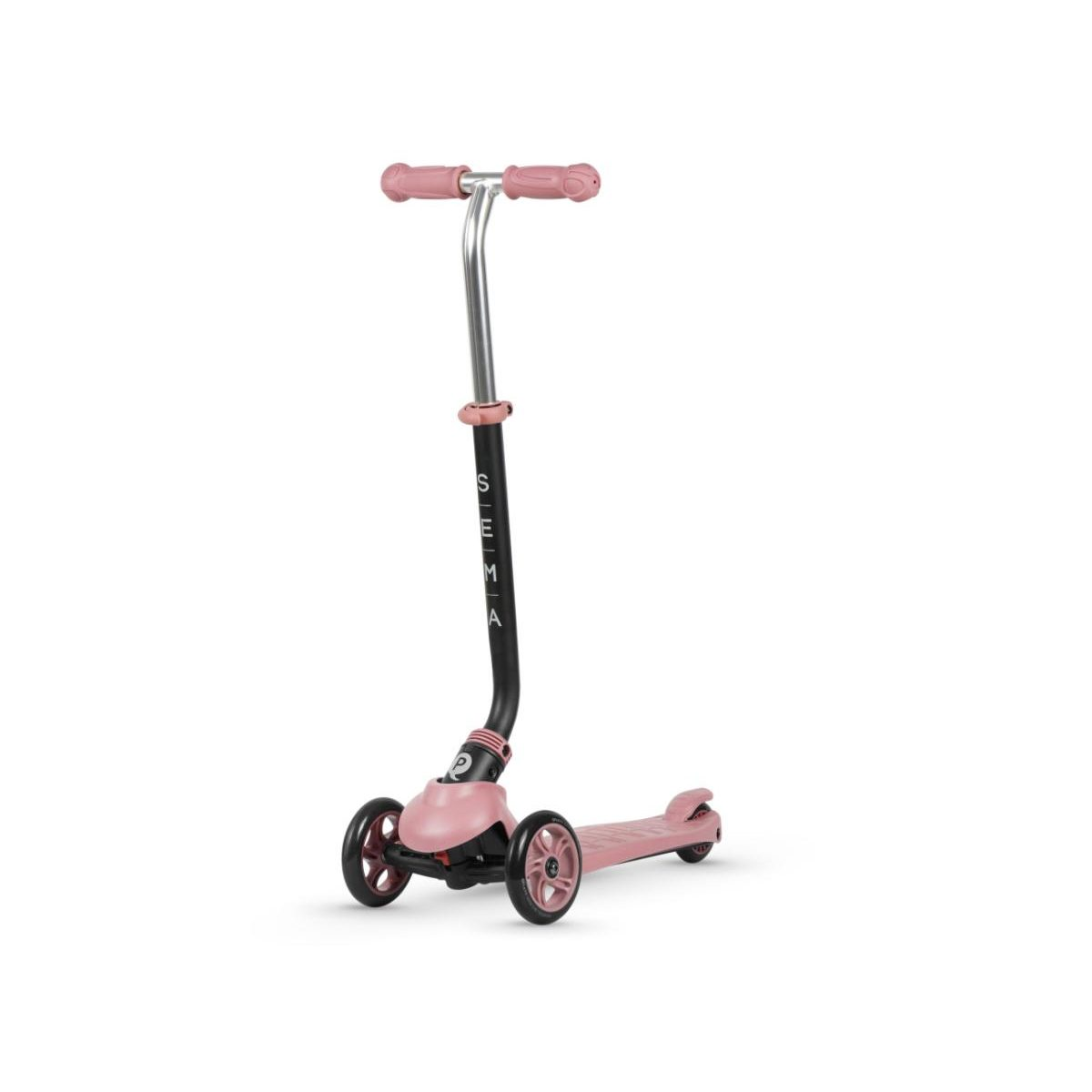 Ein Kinderroller in Rosa und Schwarz mit drei Rädern und einem verstellbaren Lenker auf weißem Hintergrund.