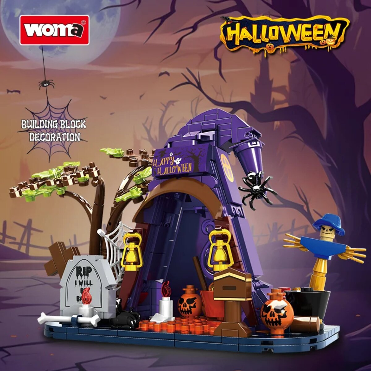 Lego-Halloween-Set mit violettem Hexenhut, Grabstein, Kürbissen, Skelett-Vogelscheuche und baumähnlichem Hintergrund.