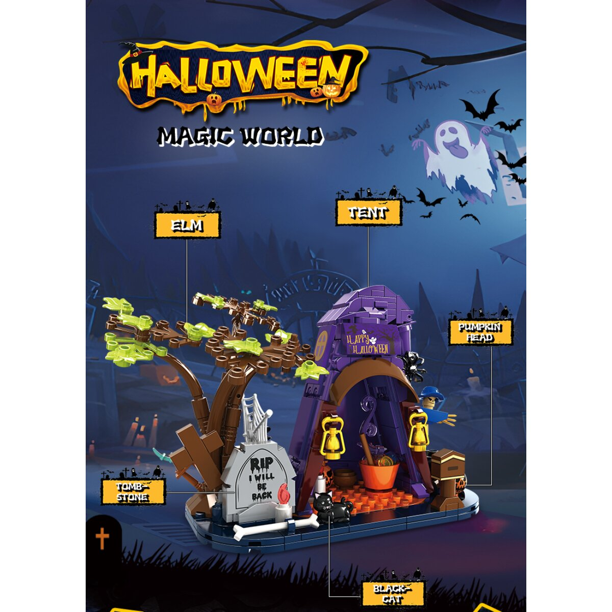 Halloween Zauberwelt Lego-Set mit Baum, Grabstein, Zelt, schwarzer Katze und Schildern für Elm, Zelt und Kürbiskopf.