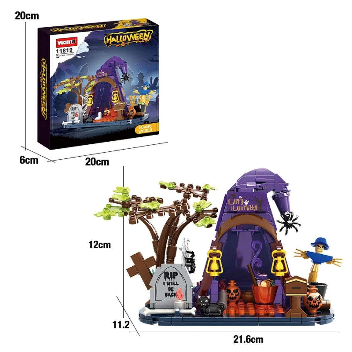 Halloween-Bausteinset mit lilafarbenem Hexenhut, Grabstein, Baum und Figuren, inklusive Verpackungskarton mit Maßen.