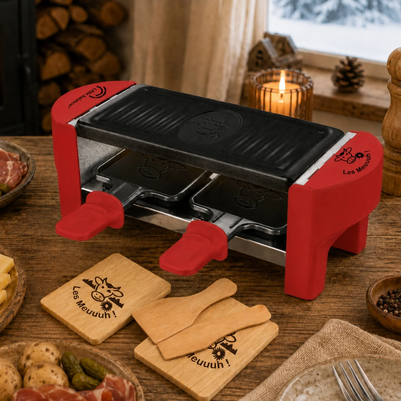 Ein roter Raclette-Grill steht auf einem Holztisch mit Holzbrettern, Spateln, Kartoffeln, Fleisch und einer Kerze im Hintergrund.
