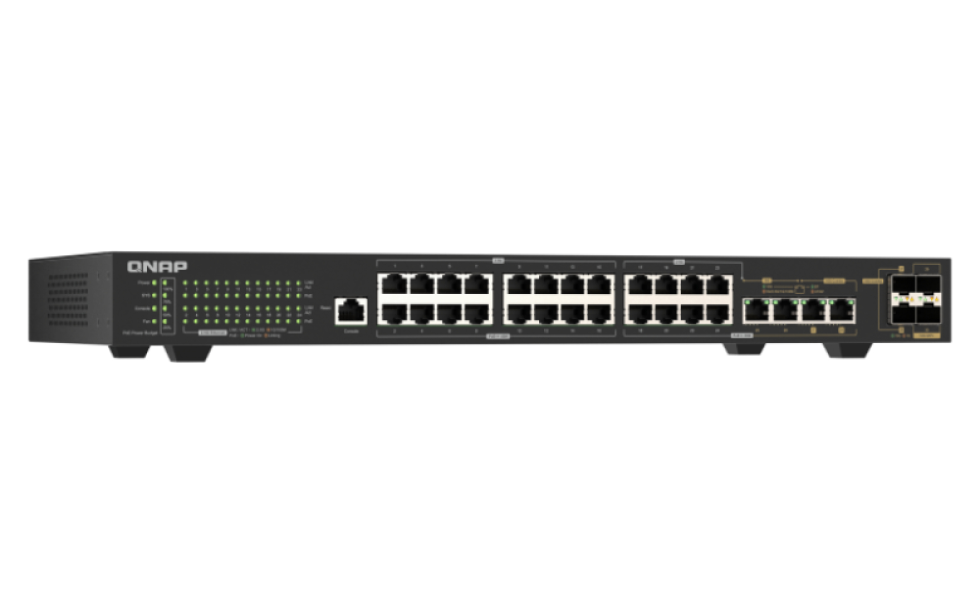 Ein schwarzer QNAP-Netzwerkswitch mit zahlreichen Ethernet-Anschlüssen und Statusleuchten auf weißem Hintergrund.