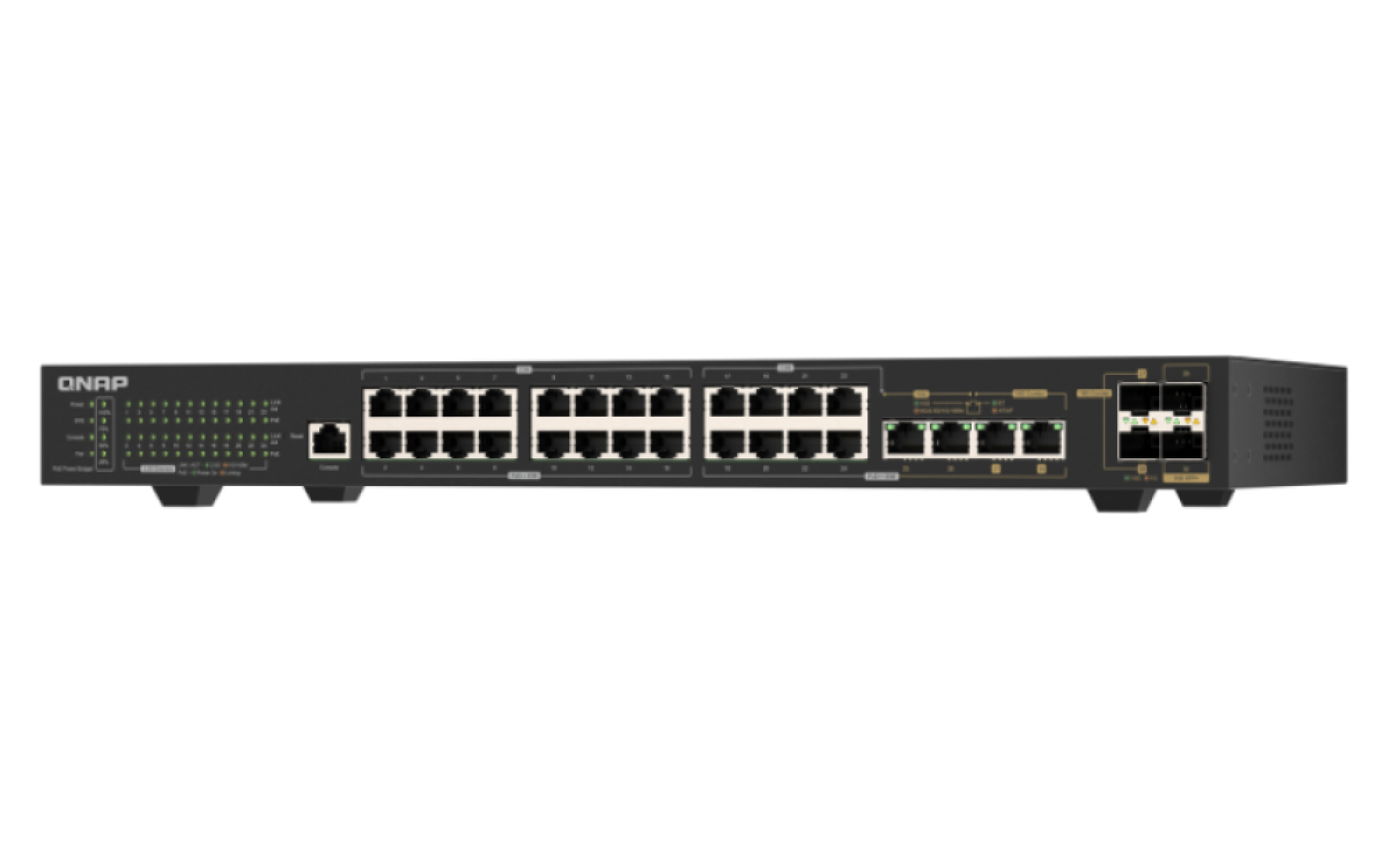Ein schwarzer QNAP-Netzwerk-Switch mit mehreren RJ45-Ports und LED-Anzeigen auf der Vorderseite vor weißem Hintergrund.