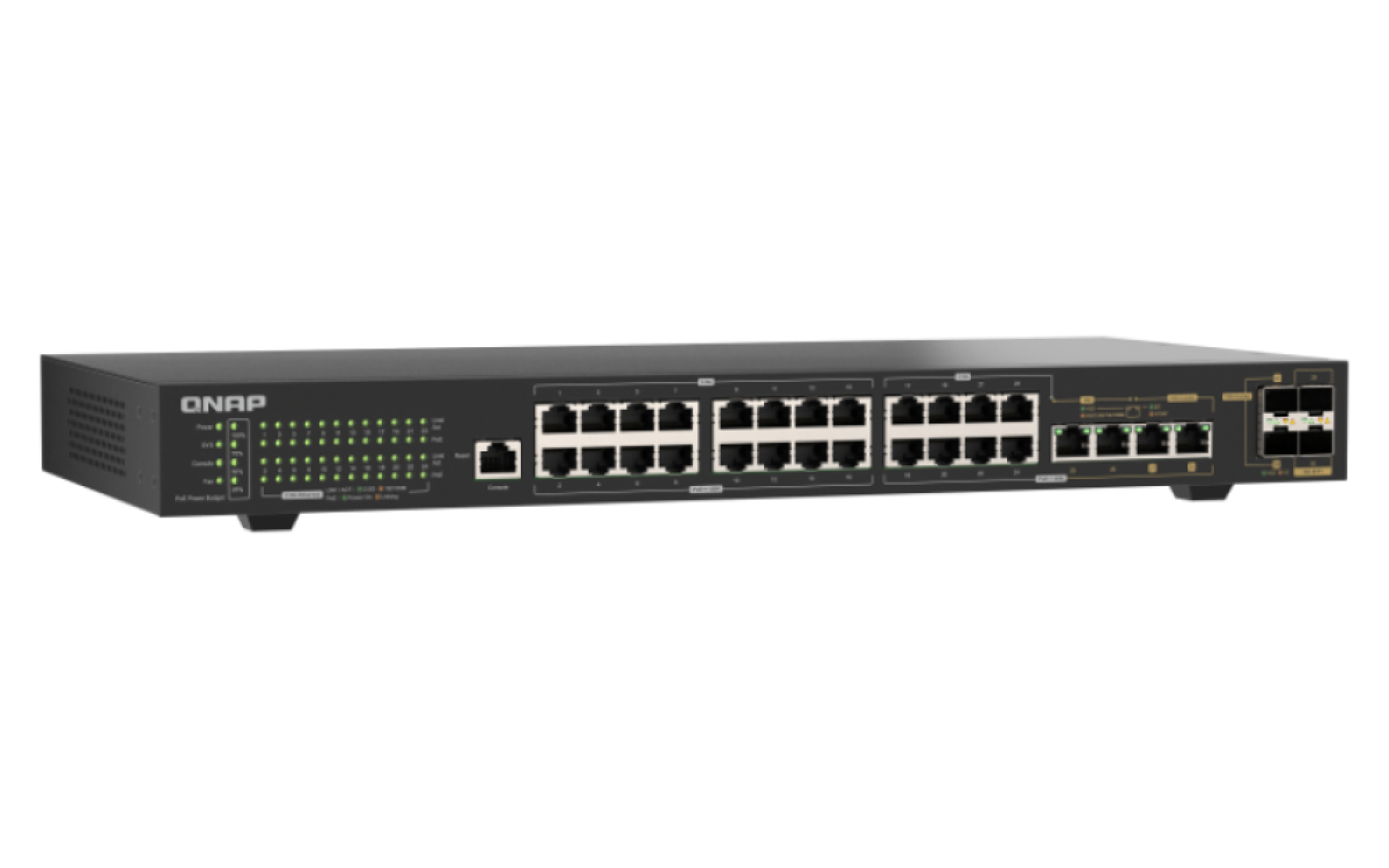 Ein schwarzer QNAP-Netzwerk-Switch mit zahlreichen Ethernet-Ports und Status-LEDs auf der Vorderseite vor weißem Hintergrund.