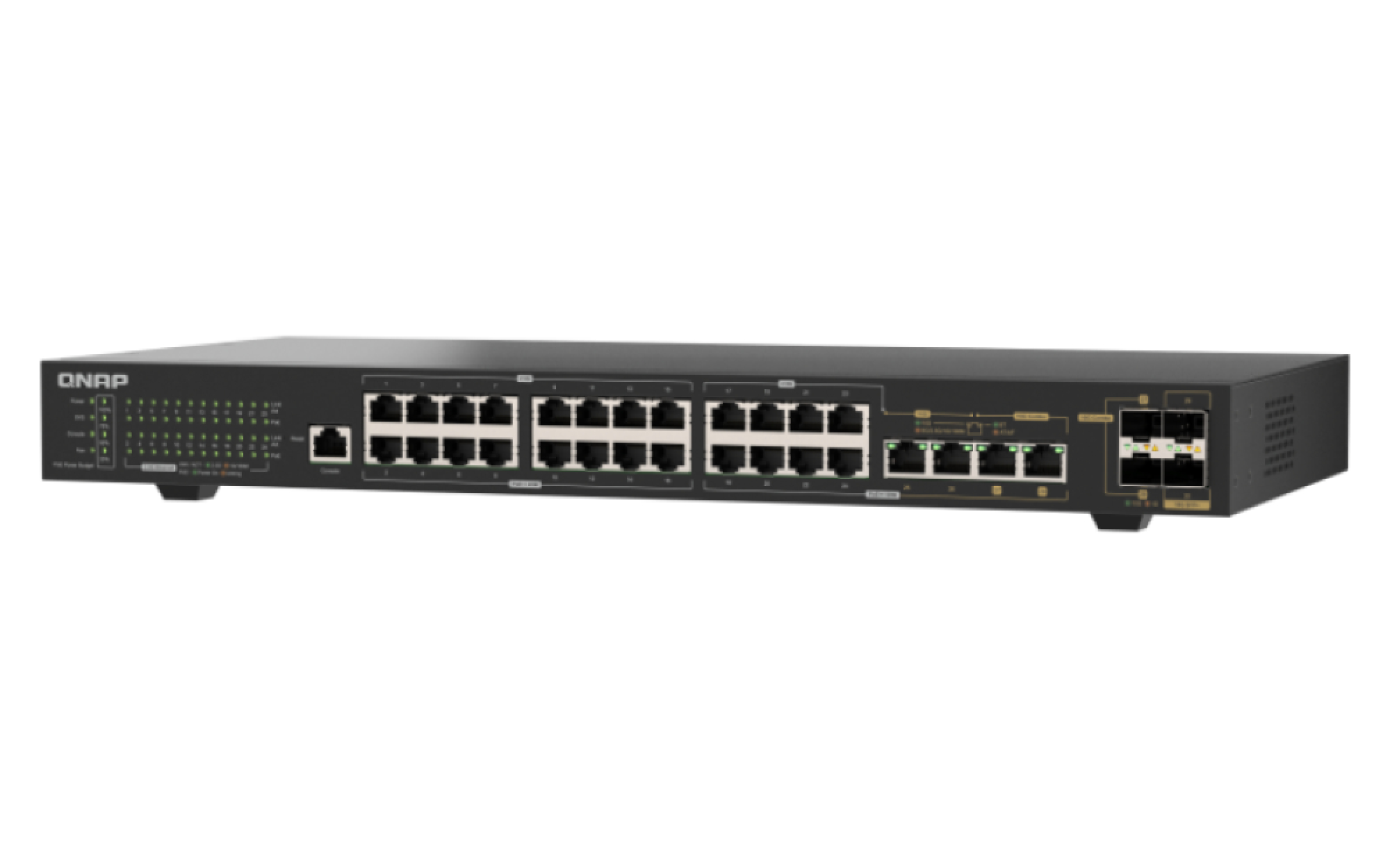 Ein schwarzer QNAP-Netzwerk-Switch mit zahlreichen Ethernet-Anschlüssen und Status-LEDs auf weißem Grund.