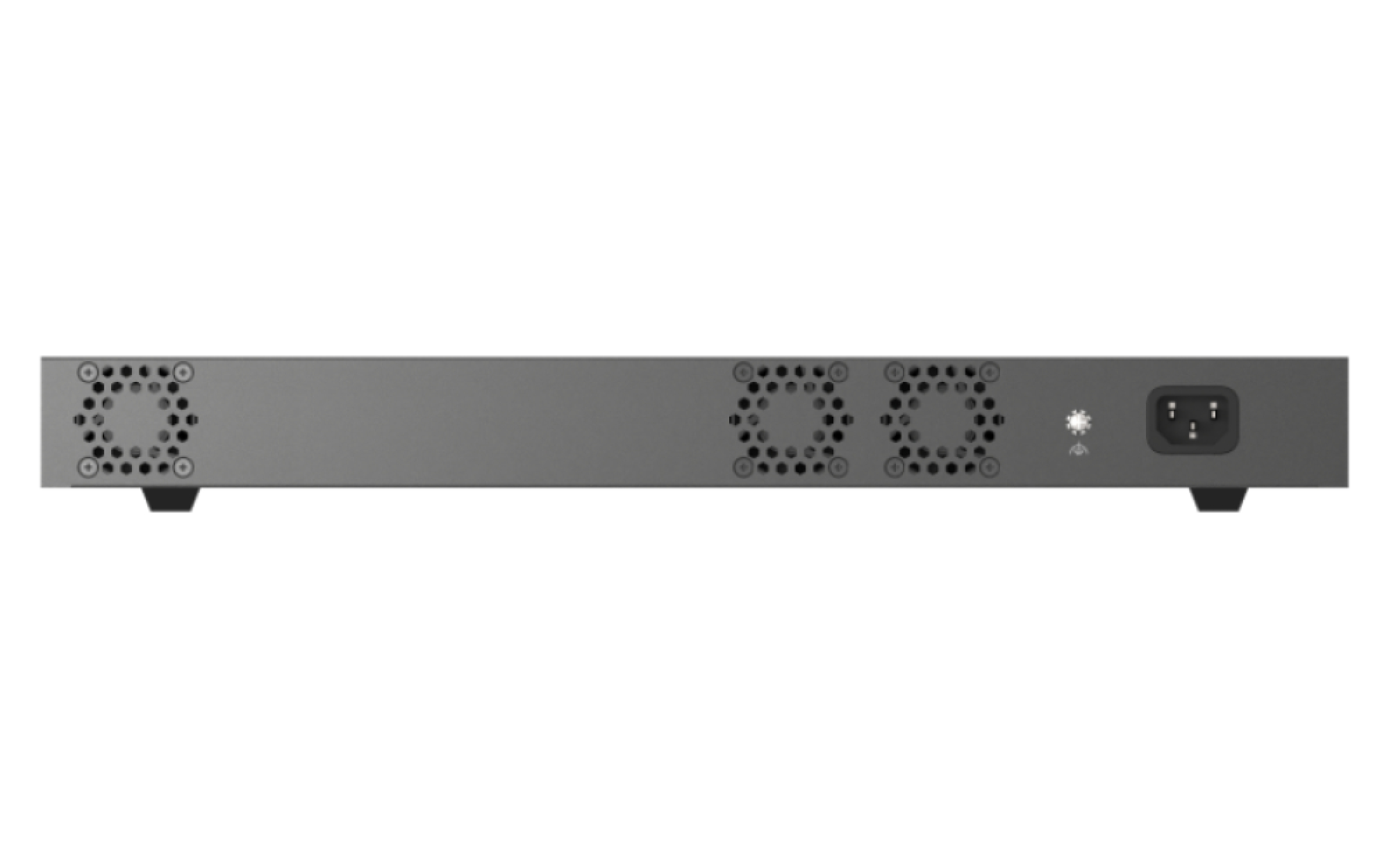 Rückseite eines grauen Netzwerkgeräts mit drei Lüftern, einem Power-Symbol und einem Netzanschluss.