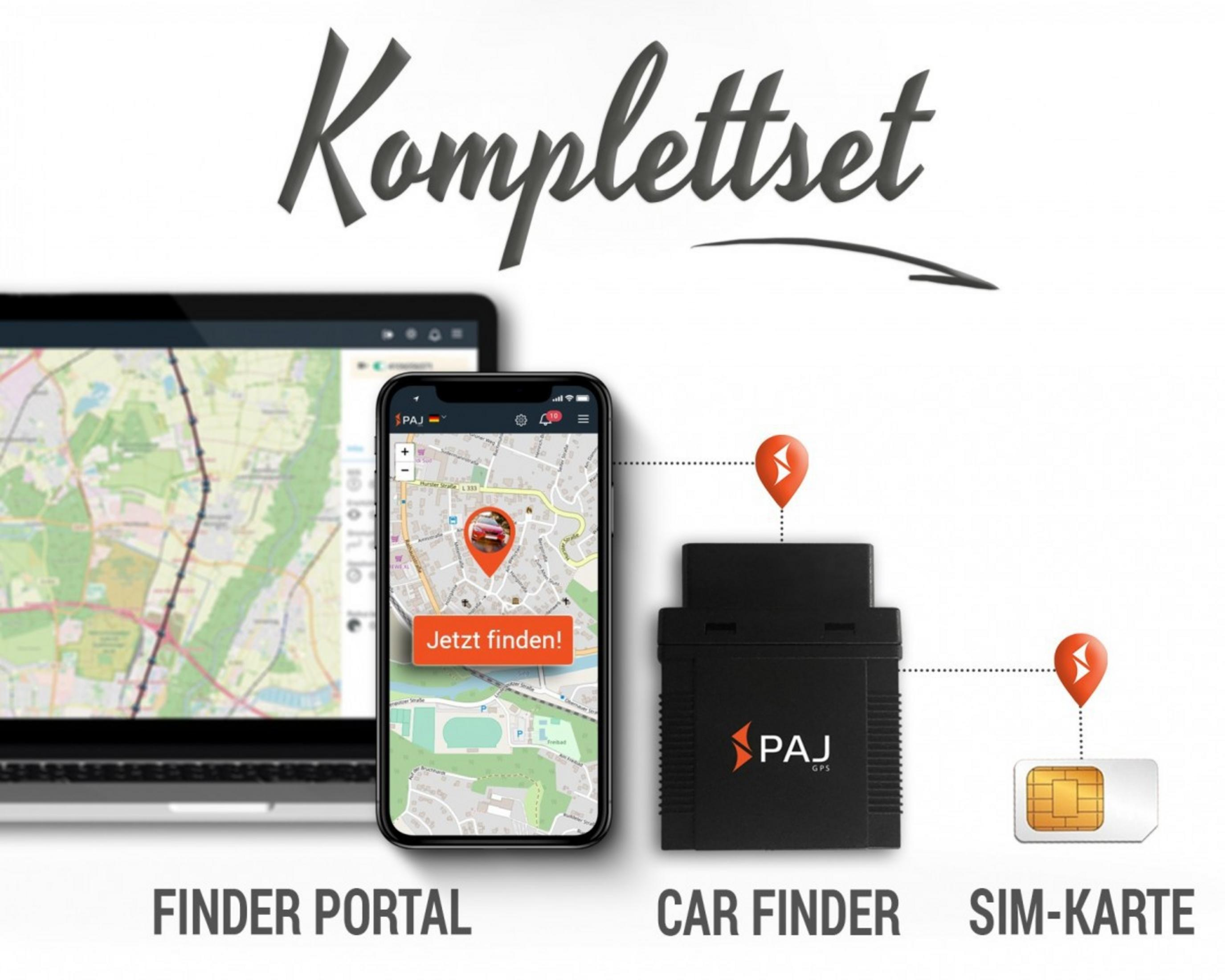 Komplettset mit Finder Portal auf Laptop, App auf Smartphone, Car Finder GPS-Gerät und SIM-Karte.