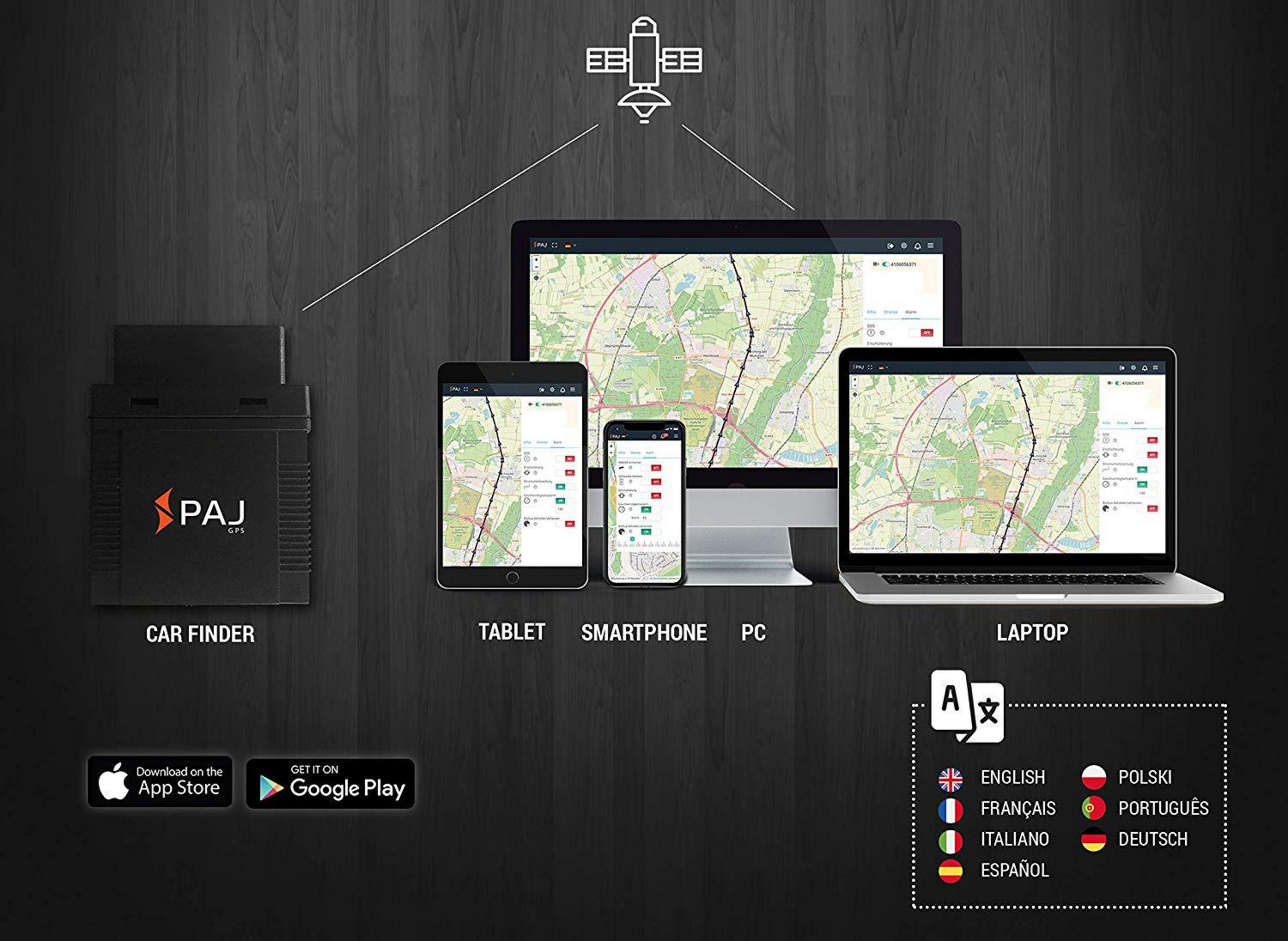 PAJ Car Finder verbunden mit Satellit, zeigend Karten auf Tablet, Smartphone, PC und Laptop.