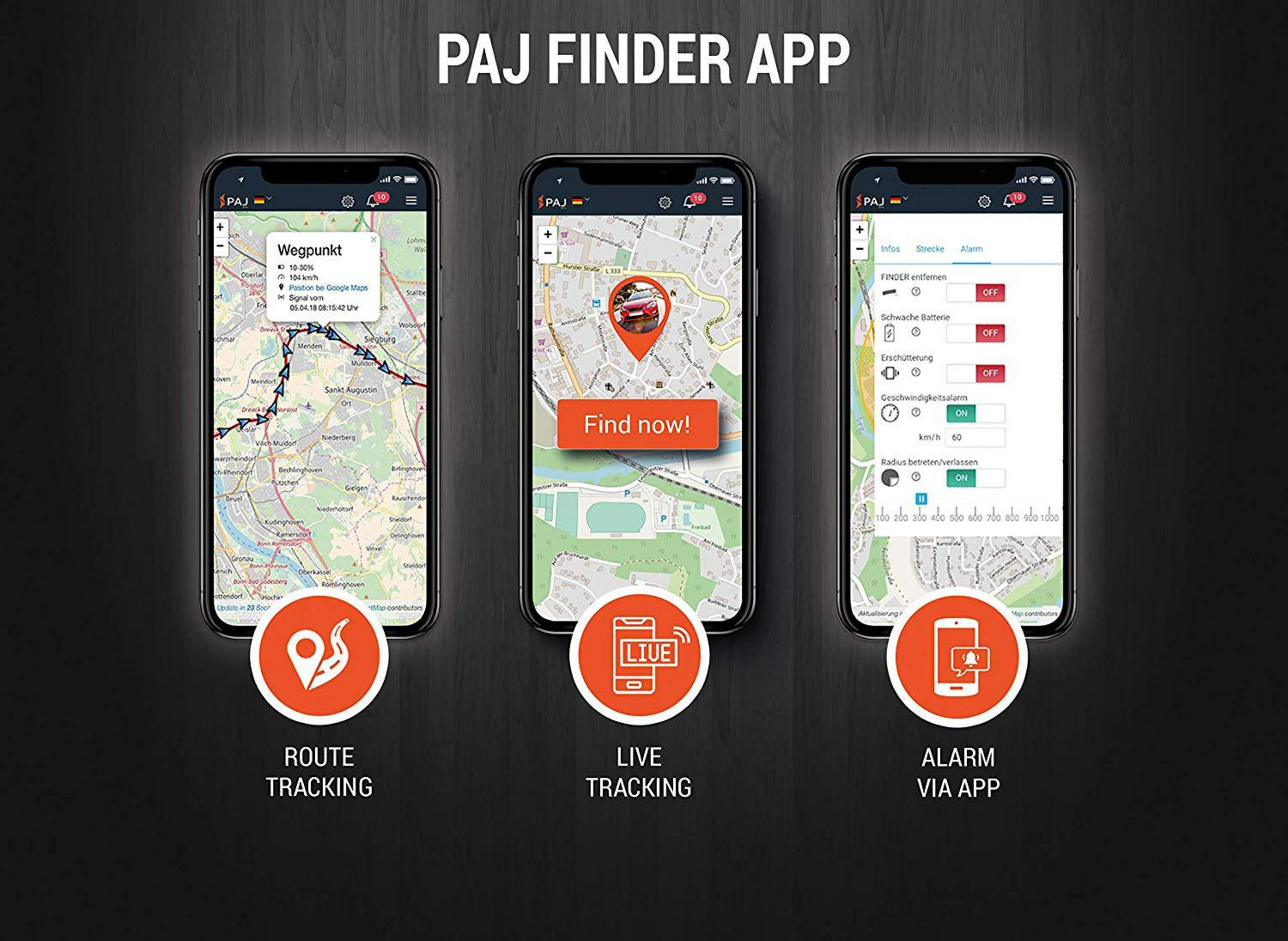 Drei Smartphones zeigen die PAJ Finder App mit Wegverfolgung, Live-Ortung und Alarmfunktionen.
