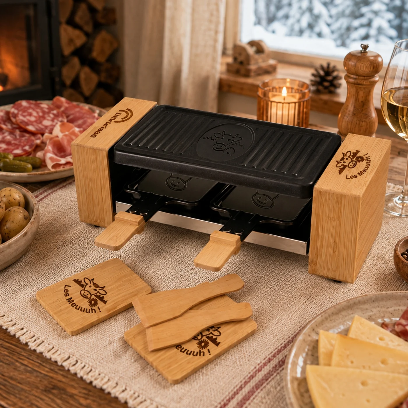Ein Raclette-Grill aus Holz mit zwei Pfännchen steht auf einem Tisch mit Käse, Aufschnitt und einem Weinglas.