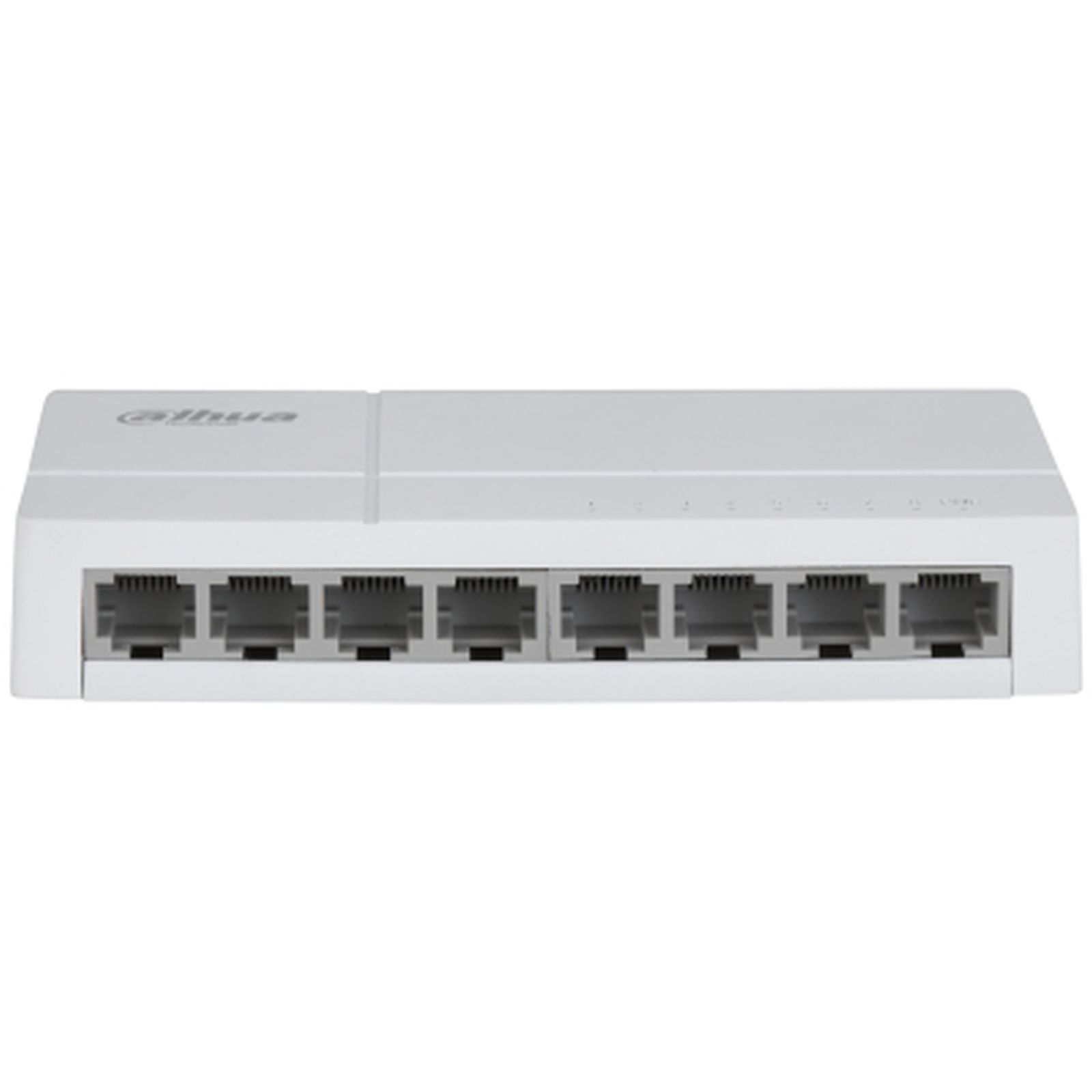 Ein weißer Netzwerkschalter mit acht RJ45-Anschlüssen an der Vorderseite auf weißem Hintergrund.