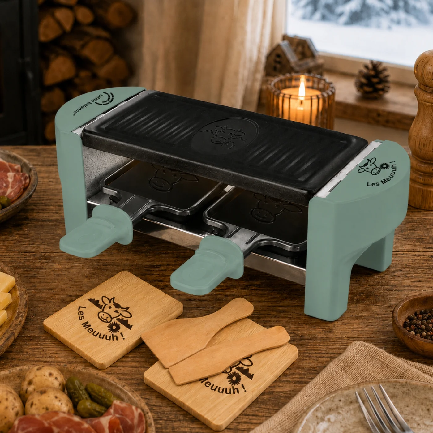 Grüner Tischgrill mit zwei Pfännchen und Holzbrettern auf Holztisch.