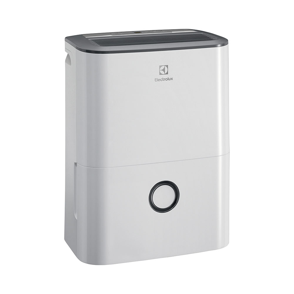 Déshumidificateur Electrolux blanc avec panneau supérieur gris foncé et niveau d'eau circulaire.