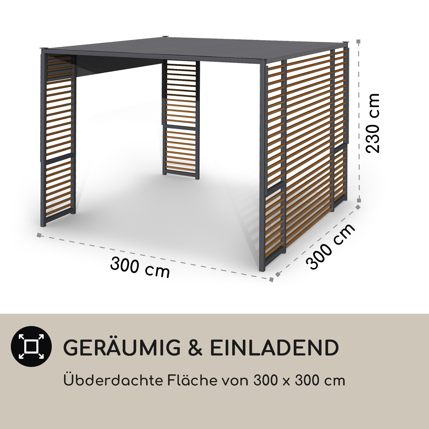 Moderne graue Pergola mit Holzlamellen, 300x300x230 cm, geräumiger und einladender Bereich.