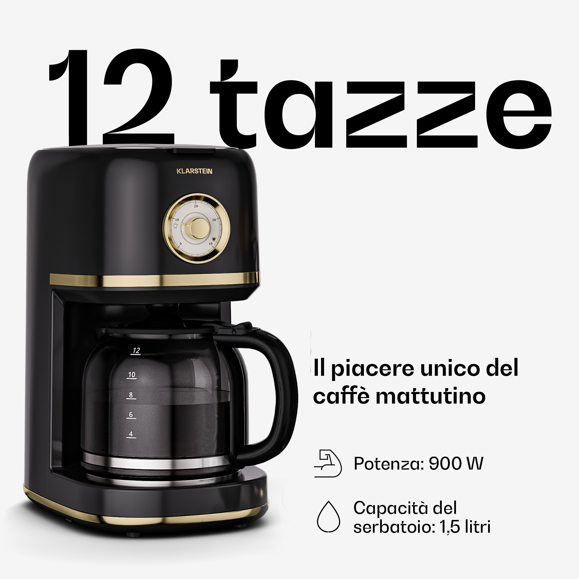 Caffettiera a filtro nera Klarstein con dettagli dorati e caraffa. Testo: 12 tazze, 900 W, 1,5 litri.