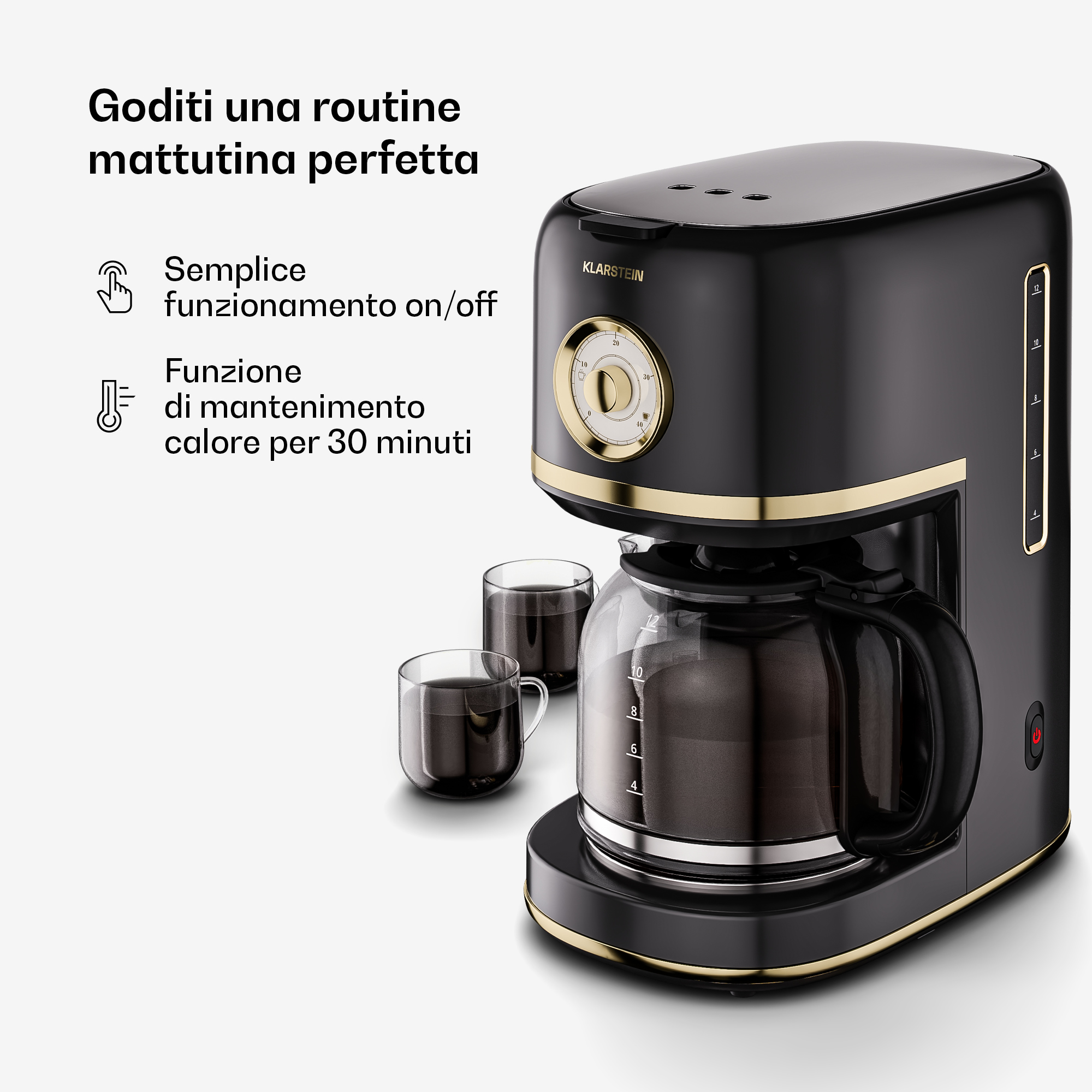 Caffettiera a filtro Klarstein nera con dettagli dorati e caraffa in vetro su sfondo bianco.