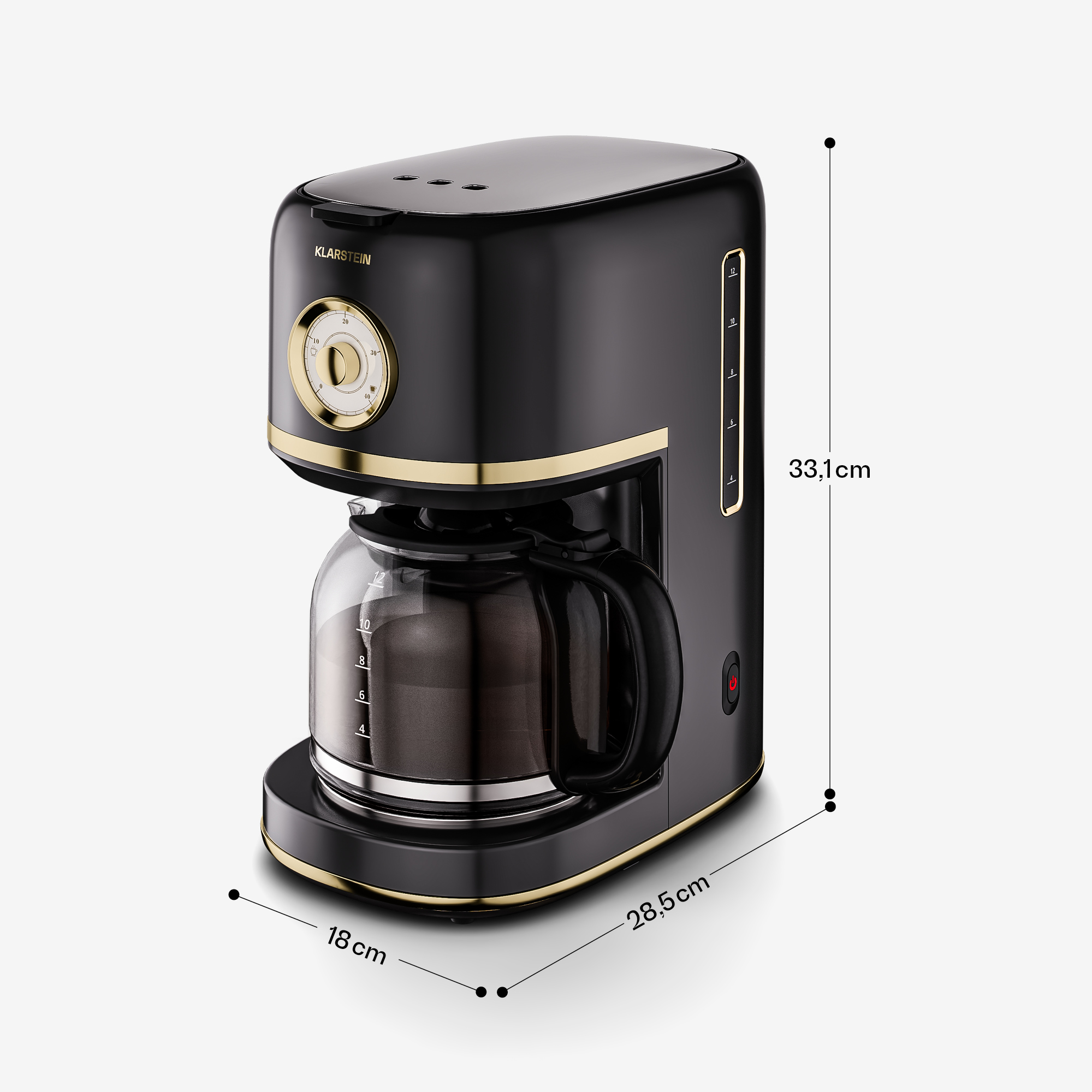Caffettiera nera Klarstein con dettagli dorati, caraffa in vetro e linee di quota in cm su sfondo chiaro.