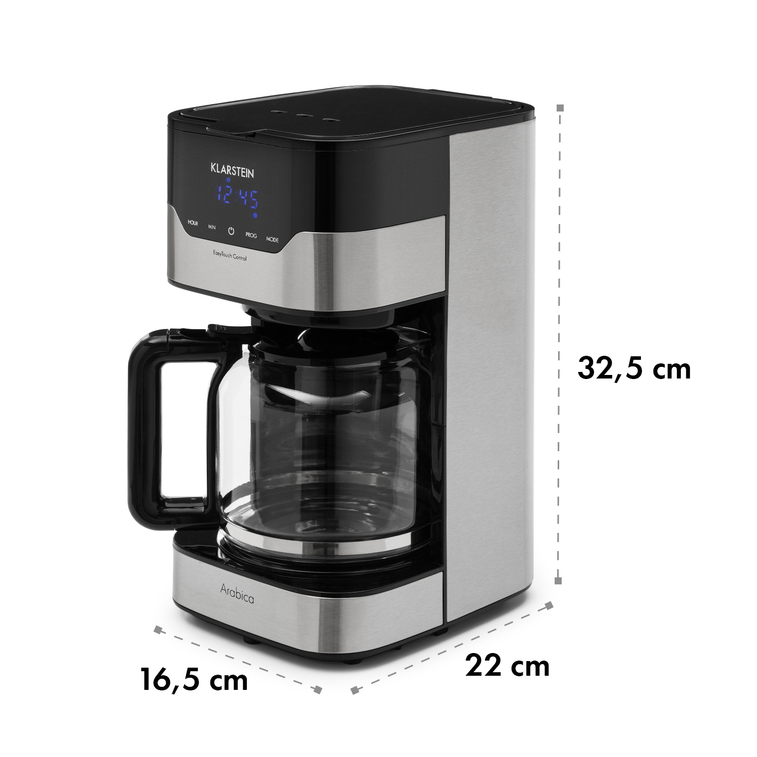 Cafetera de goteo Klarstein en negro y acero inoxidable con jarra de vidrio y líneas de dimensión en cm sobre fondo blanco.