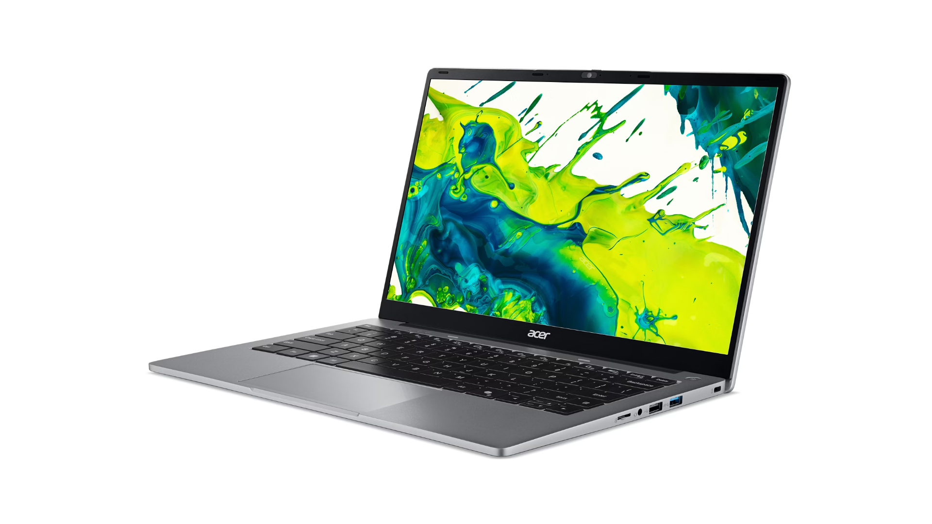 Un laptop Acer argento con schermo aperto mostra uno sfondo con schizzi di vernice blu e verde.