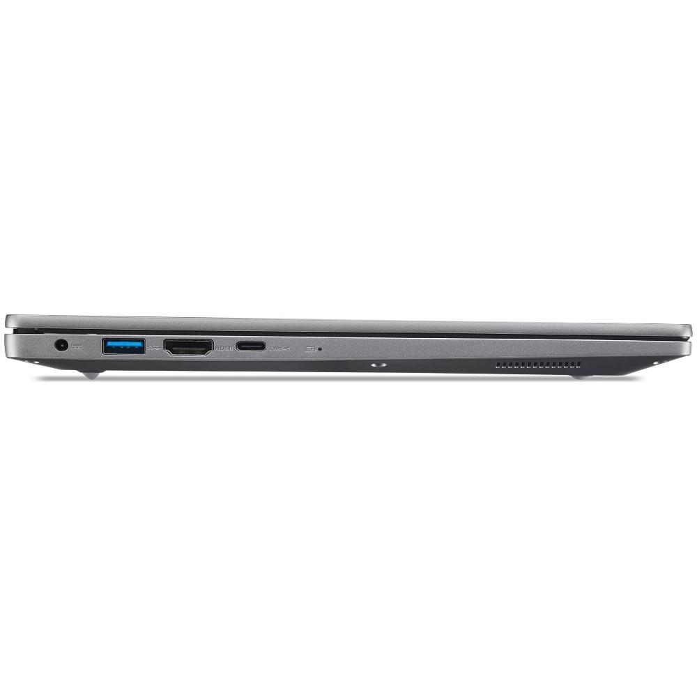 Vista laterale di un laptop grigio che mostra varie porte tra cui USB, HDMI e USB-C.