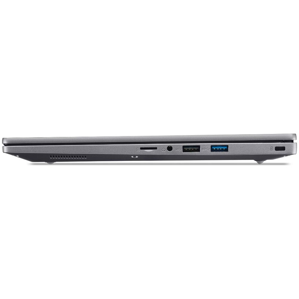 Vista laterale di un laptop grigio che mostra varie porte tra cui USB e lettore di schede su sfondo bianco.