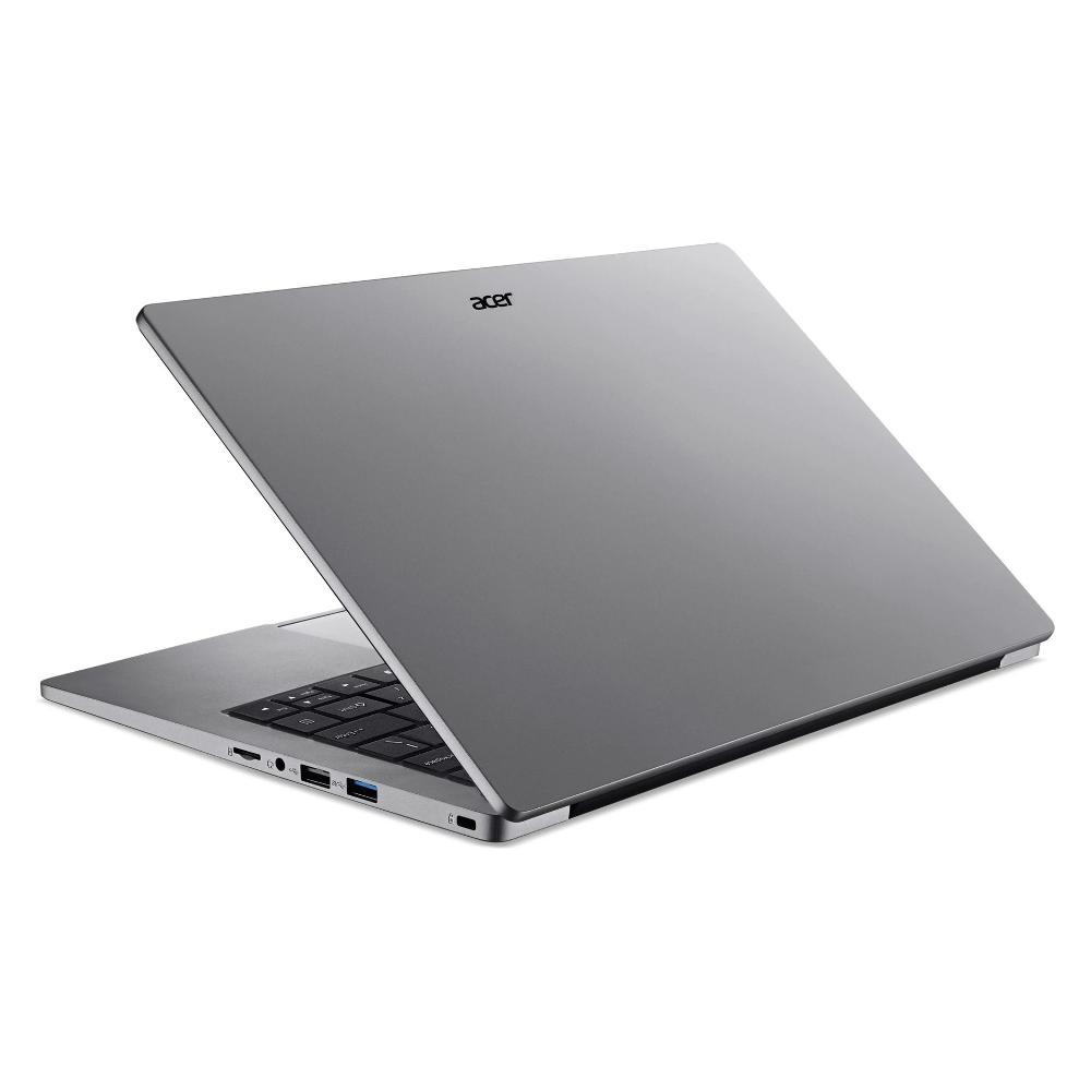 Un computer portatile Acer argentato è mostrato mezzo aperto su sfondo bianco, con logo e porte visibili.