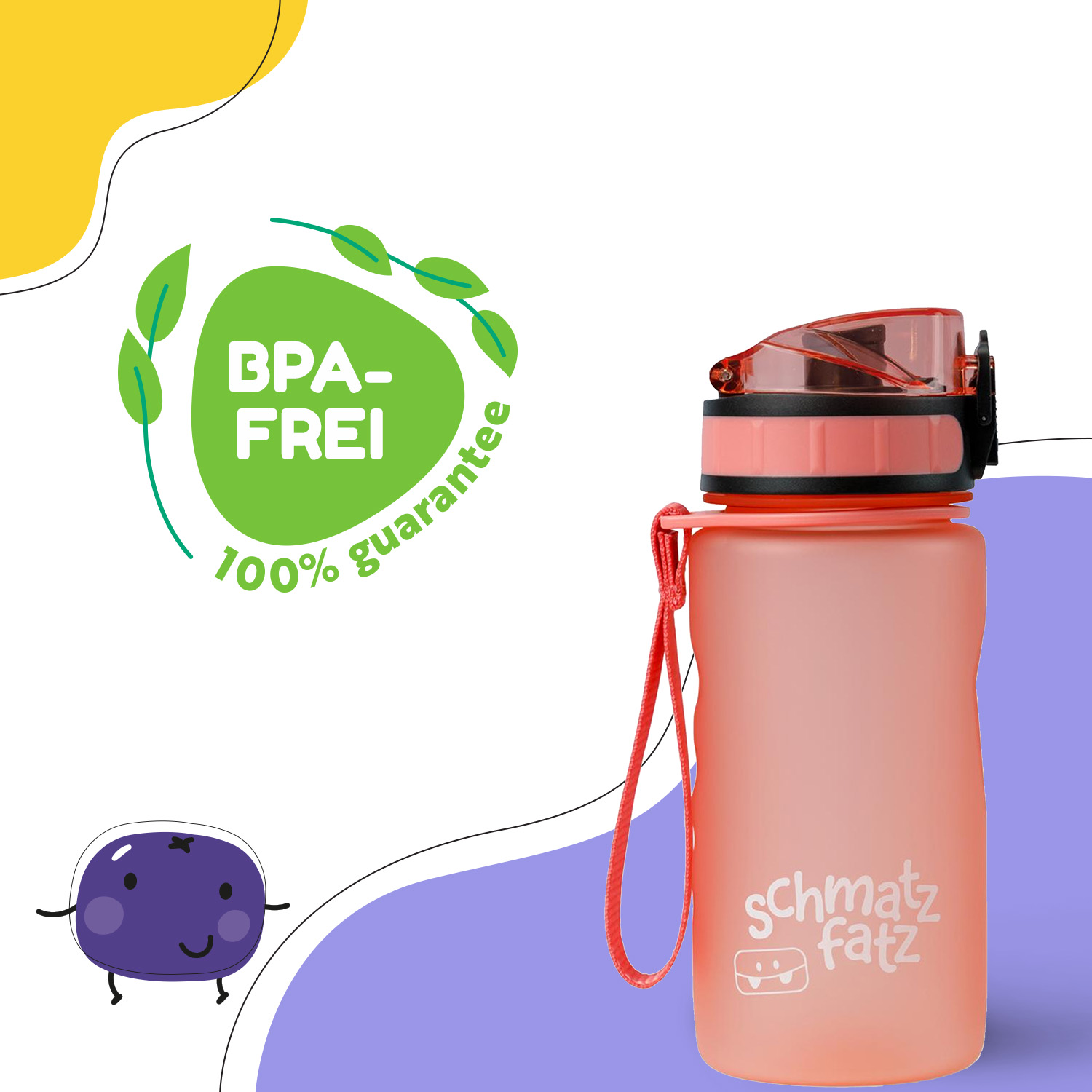 Eine pinke Trinkflasche mit rotem Band, 'BPA-frei'-Siegel und einer lila Cartoon-Beere auf weißem und lila Hintergrund.