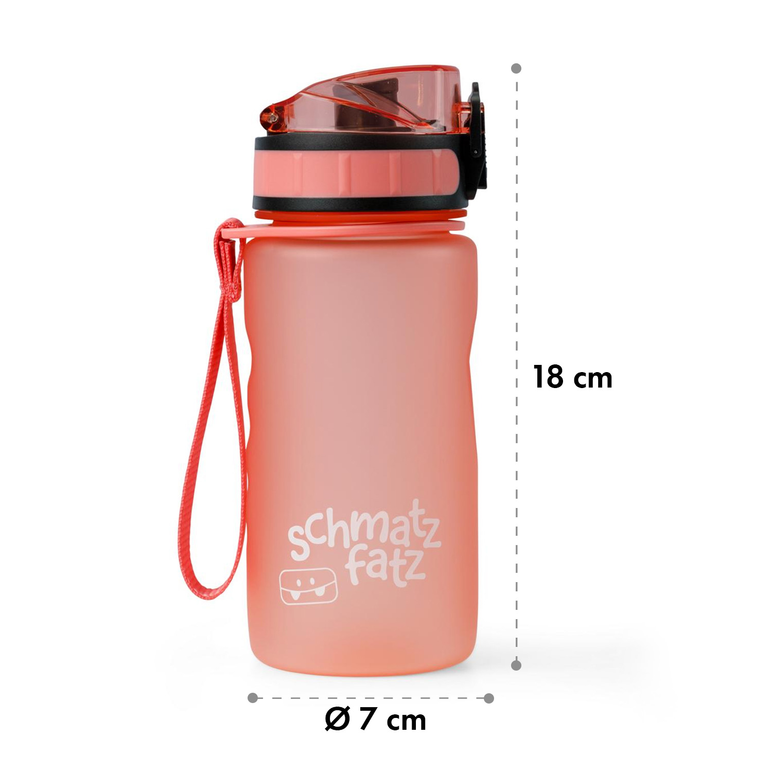 Eine rosa Trinkflasche mit schwarzem Deckel und roter Schlaufe, beschriftet mit schmatzfatz, 18 cm hoch und 7 cm im Durchmesser.