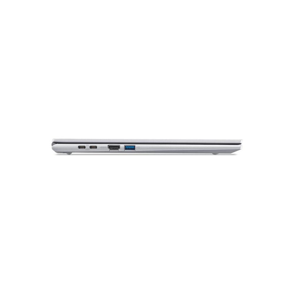 Vista laterale di un laptop argento con due porte USB-C, una porta HDMI e una porta USB-A blu.
