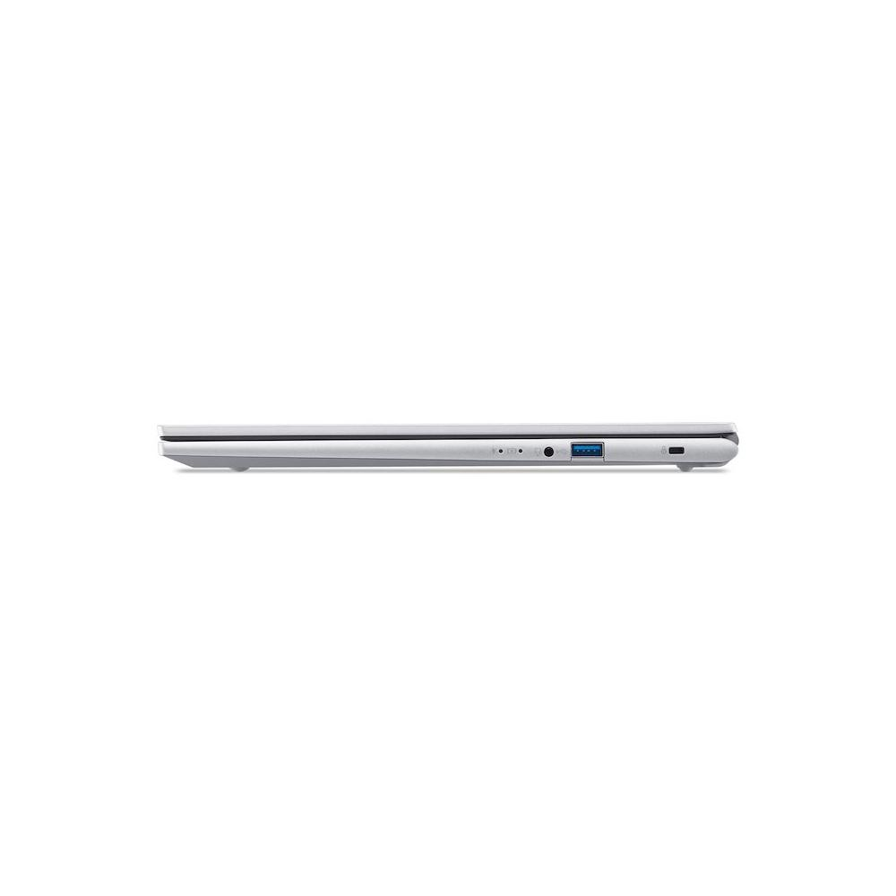 Vista laterale di un laptop argentato chiuso con porte visibili e indicatori LED su sfondo bianco.