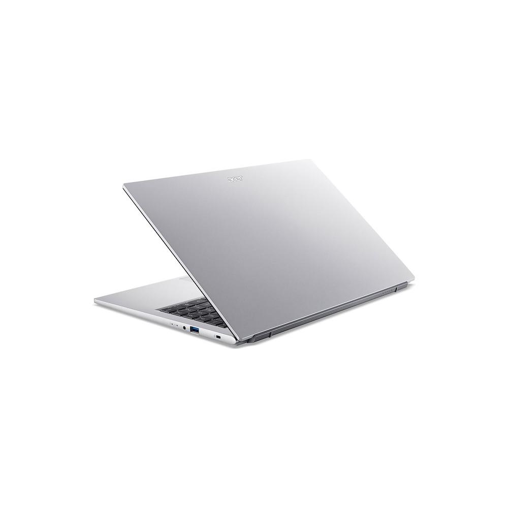 Un laptop Acer argento su una superficie bianca, con la tastiera parzialmente visibile.