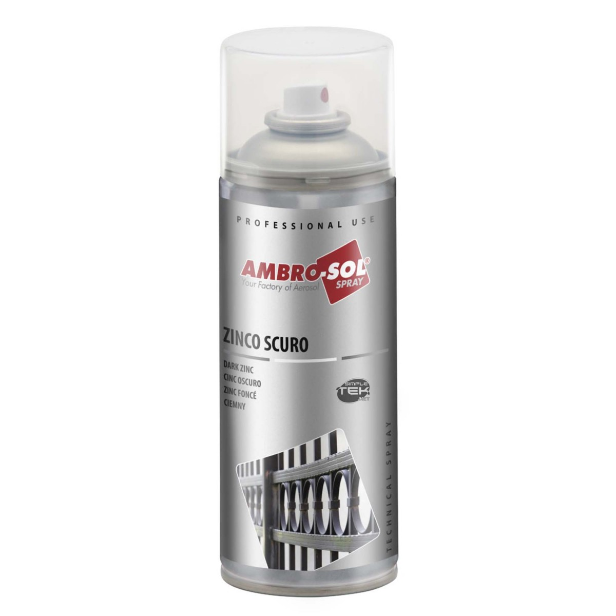 Una bomboletta spray di zinco Ambro-Sol argentata con tappo trasparente ed etichetta su sfondo bianco.