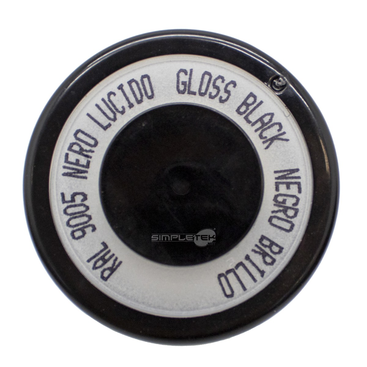 Vista dall'alto di un tappo di bottiglia nero con etichetta bianca e testo multilingue per RAL 9005 Gloss Black.