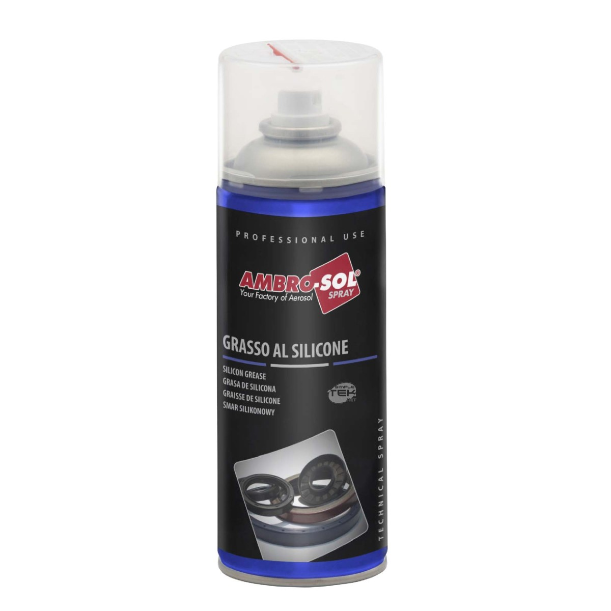 Bomboletta spray di grasso al silicone Ambro-Sol blu e nera con tappo trasparente su sfondo bianco.