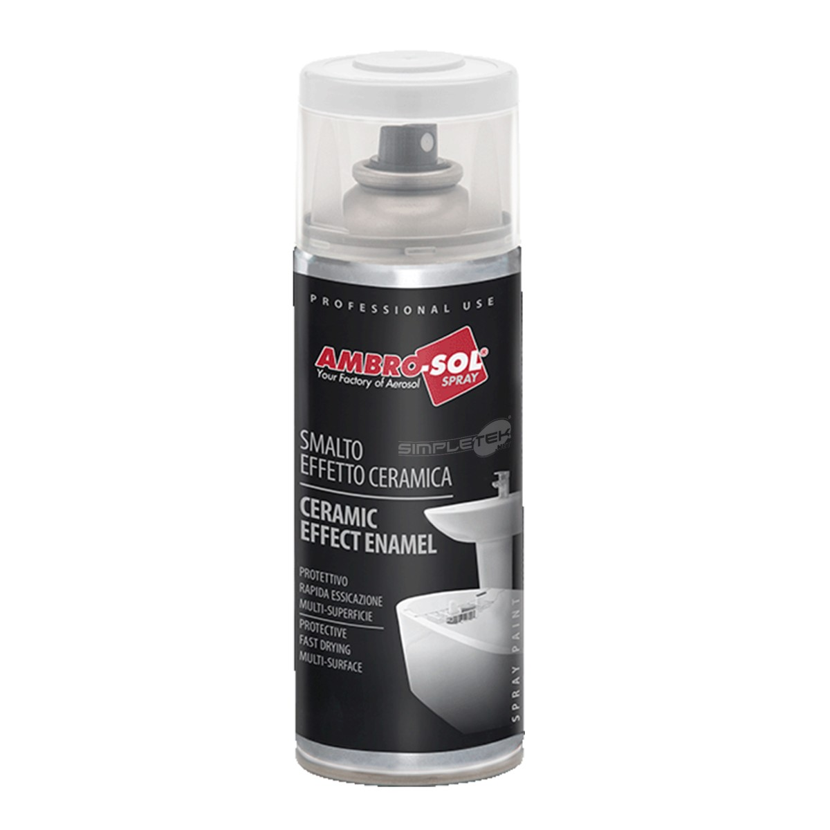 Una bomboletta spray smalto effetto ceramica Ambro-Sol con etichetta nera, testo argento e tappo trasparente.