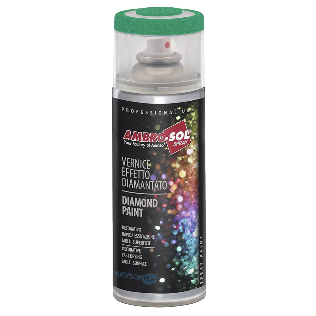Bomboletta spray effetto diamante Ambro-Sol con tappo verde su sfondo bianco.