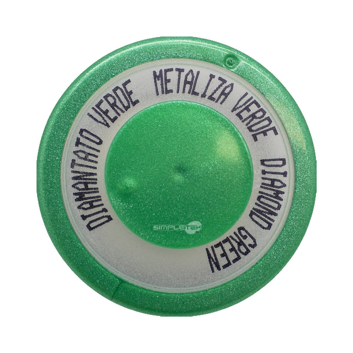 Coperchio metallico rotondo verde con le scritte DIAMANTATO VERDE, METALIZA VERDE e DIAMOND GREEN in un anello argento.