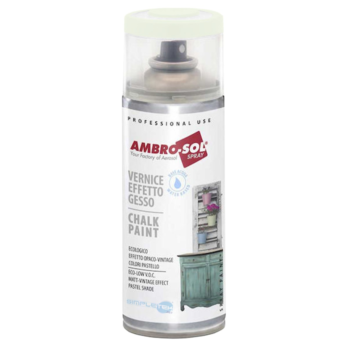 Una bomboletta spray bianca Ambro-Sol con la scritta Chalk Paint su sfondo bianco.