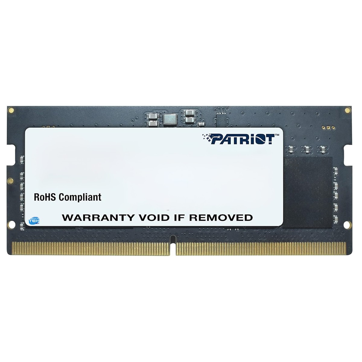 Modulo RAM SODIMM Patriot nero con etichetta di garanzia bianca e contatti dorati.