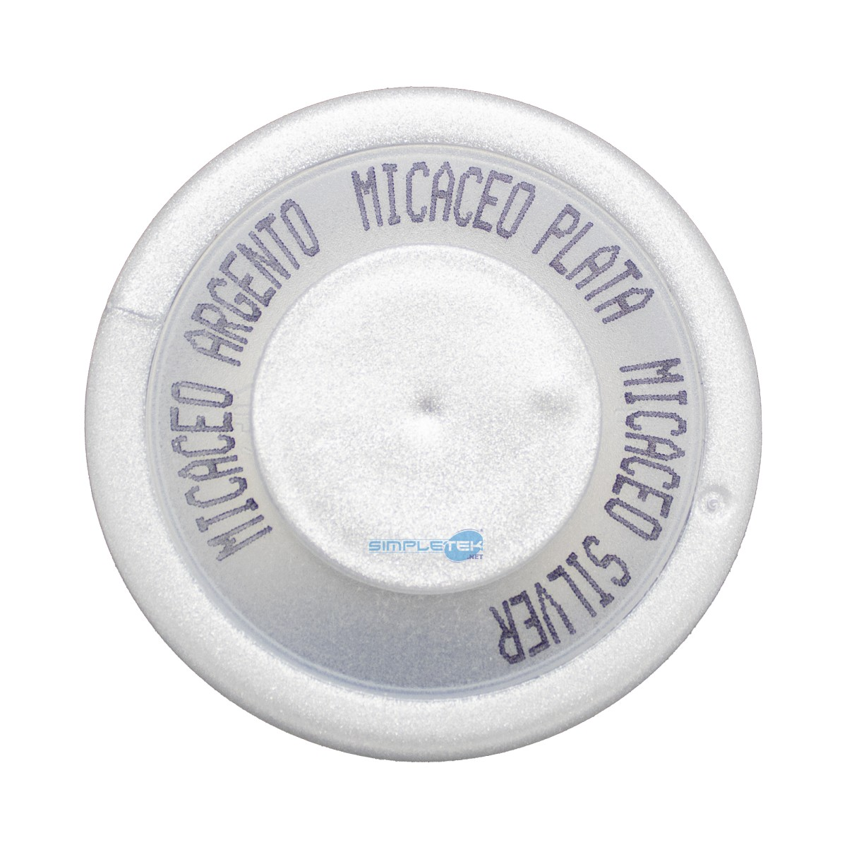 Tappo rotondo per bomboletta spray argento con la scritta MICACEO PLATA, ARGENTO e SILVER.